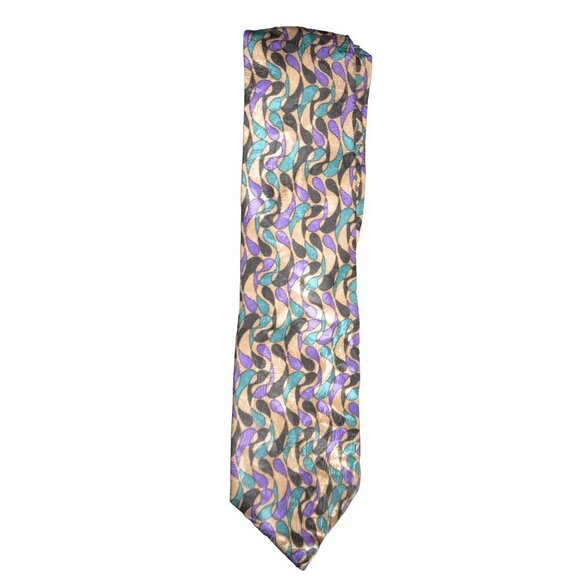 Martin Wong Screenplay Neck Tie Necktie Silk Abstract Purple Teal Black Tan 57" - Picture 1 of 4